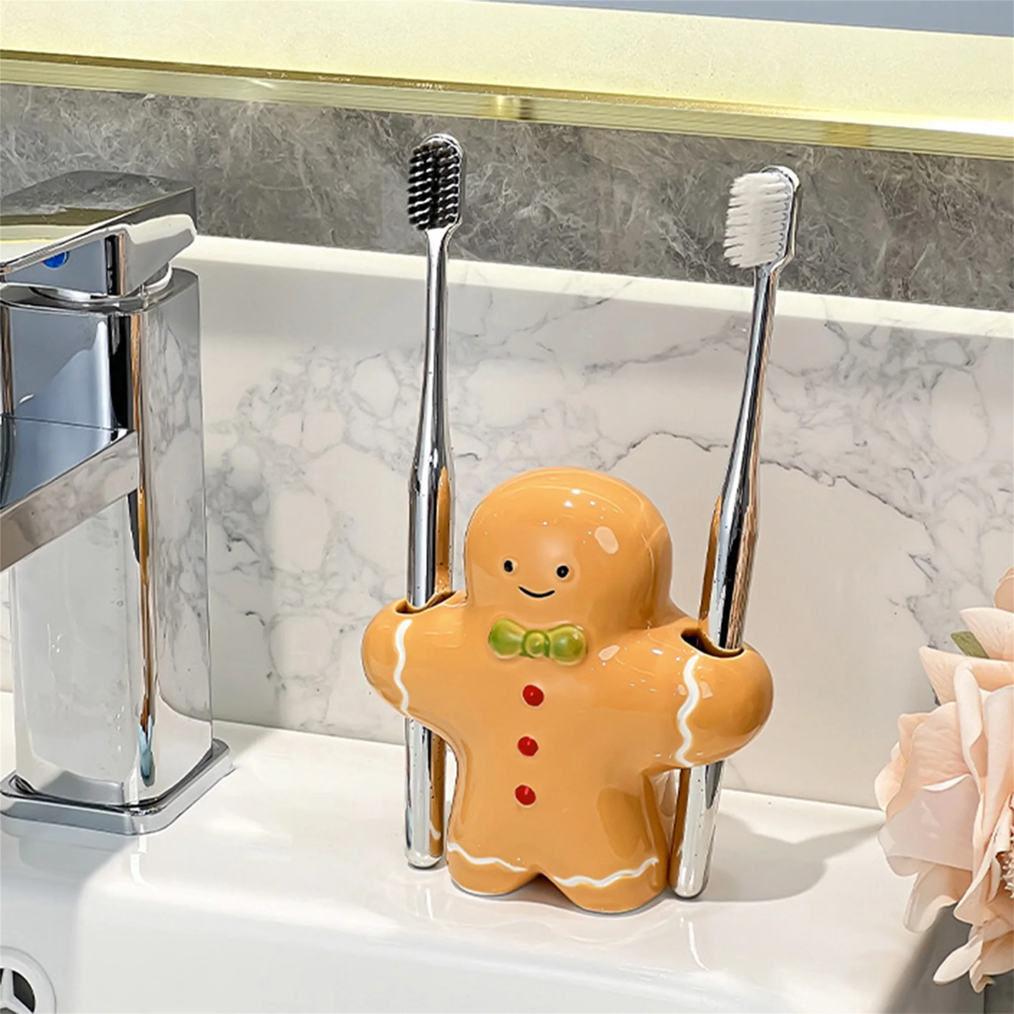 Cute Toothbrush Holder with 2 3 Holes Ceramic Gingerbread Man Toothbrush Stand for Family Couple