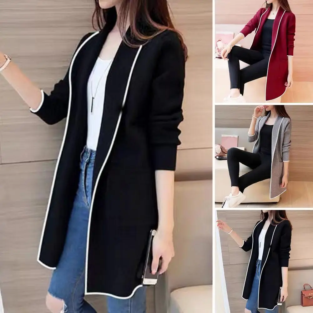 Women's open stitch cardigan, medium-length cardigan with pockets, warm winter cardigan, stylish, ladies, autumn.