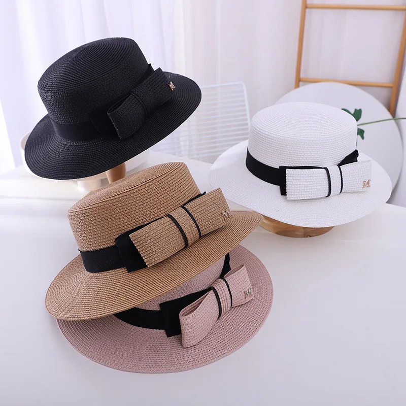 Adult Female Girl Summer Outing Flat Top Bow Tie Sunscreen Vacation Fashion Sun English Top Beach Straw Hat DM2