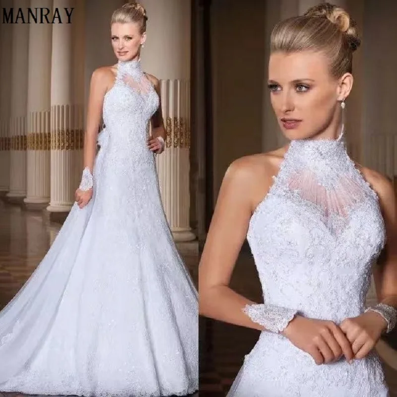 

MANRAY Custom Made Vestido De Noiva 2023 A-Line High Neck Lace Wedding Dress Long Sleeves Beading Lace Appliques Bridal Gown