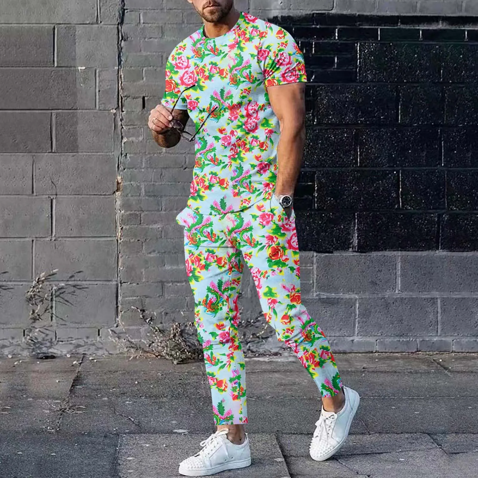 

Male Spring And Autumn Large Flower All Print Long Sleeve Round Neck T Shirt Floral Fashion Trend Bottoming Men's Suit Jackets