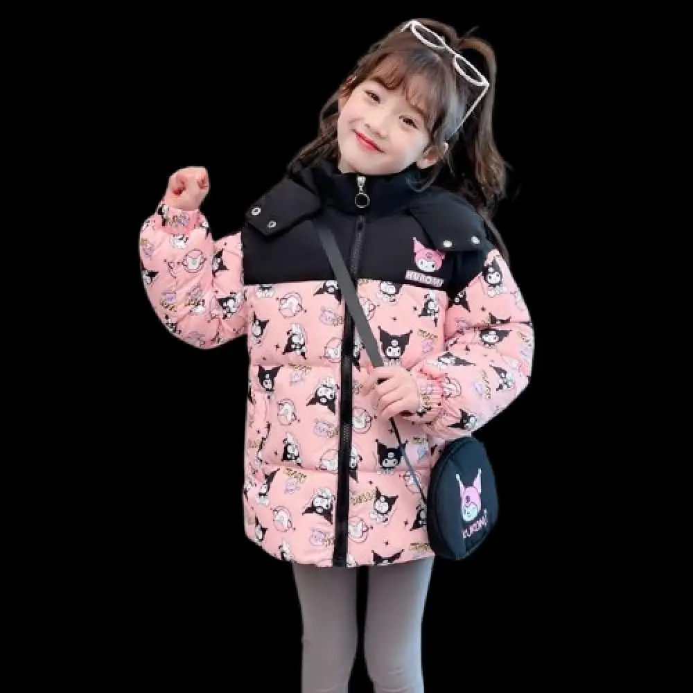 Sanrio Kuromi Girls Cotton Clothes Autumn Winter Plus Velvet Thicken Coat Cartoon Leisure Cotton Coat Jacket Children's Clothing