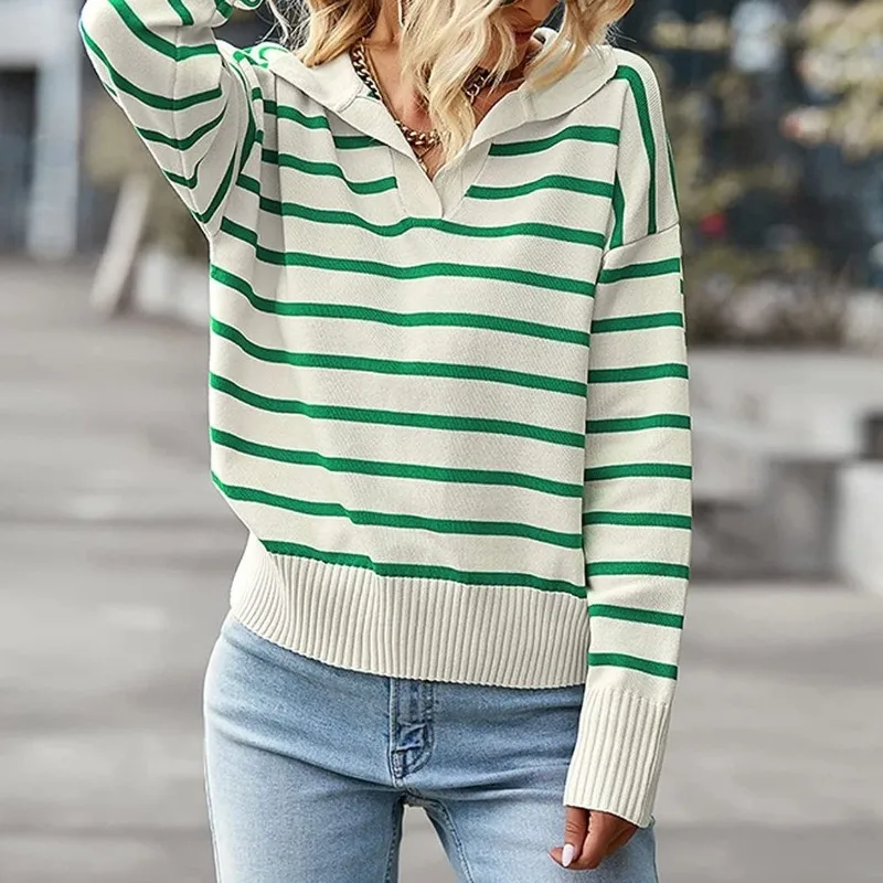 

2023 Autumn and Winter Women's Pullover Polo Solid Stripe Knitted Bottom Sweater Soft Fashion Casual Commuter Long Sleeve Tops