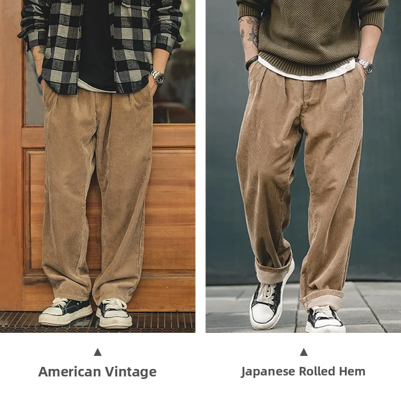 Maden Men's Khaki Corduroy Straight Leg Pants mid Waist Trousers Retro American Workwear Spring Casual Long Trousers