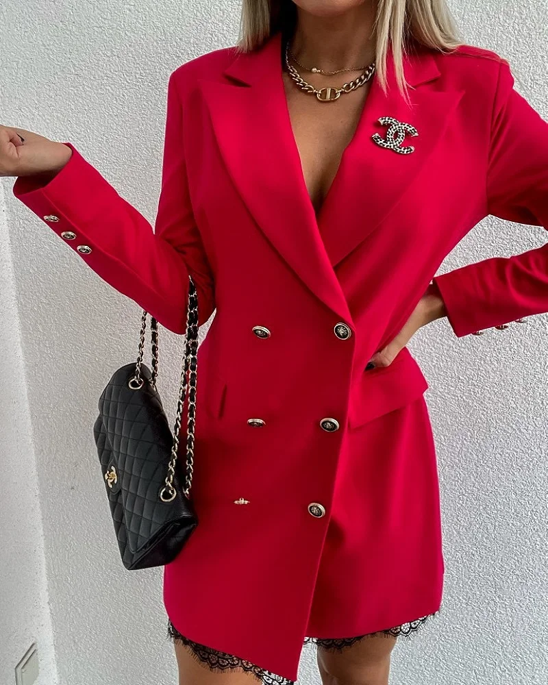 

Autumn Winter Temperamental Office Lady Long Jacket Double Row Button Lace Business Suit Leisure High Waist Pure Color Coat