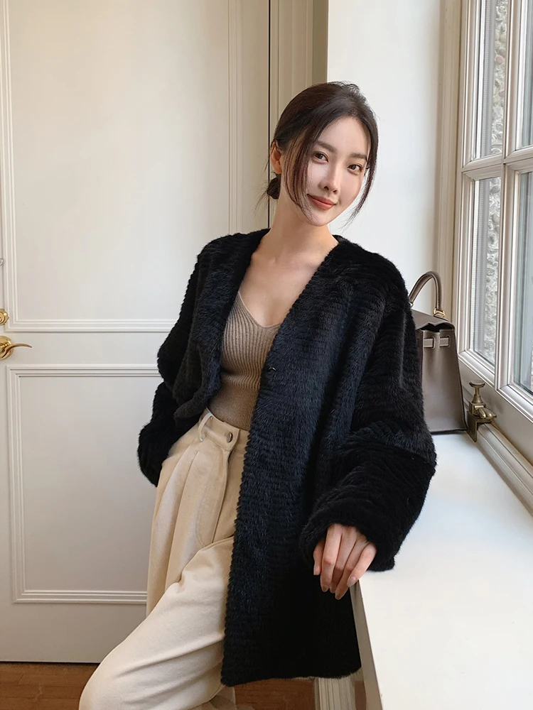 HDHOHR 2024 Real Mink Fur Coat Women Luxury Natural Kintted Mink Fur Jackets Winter Warm Thick Fur Clothes For Female Plus Size