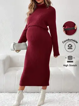 Red autumn and winter knit high elastic high neck hoodie, split skirt elegant casual maternity two-piece set