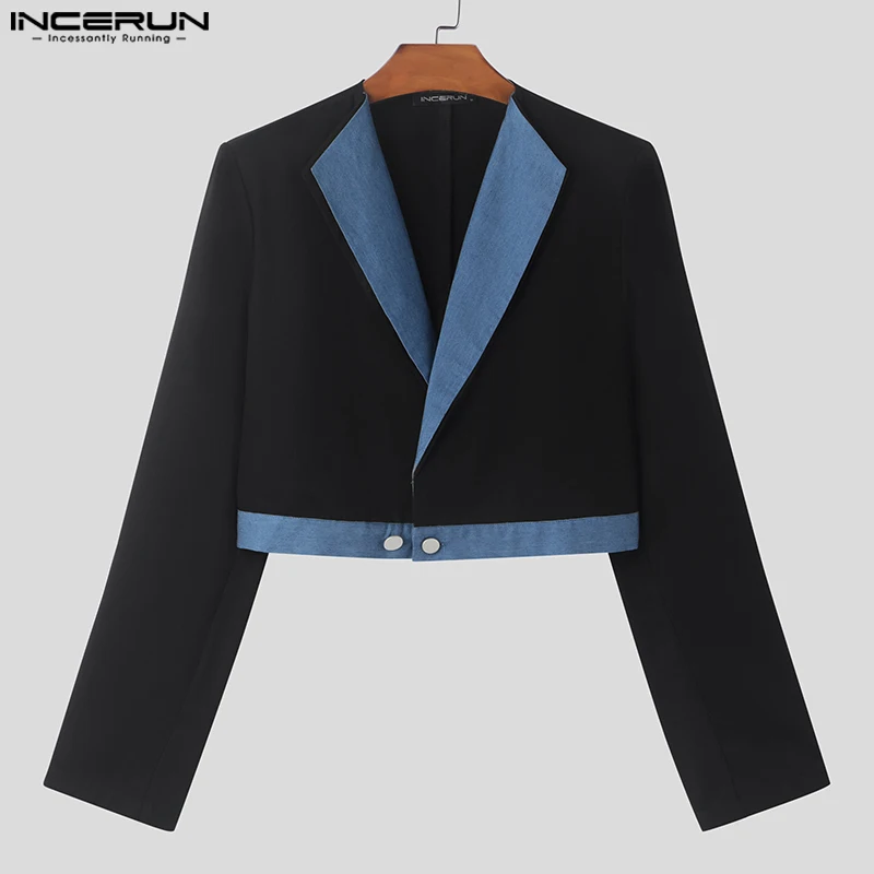 INCERUN Tops Korean Style Men's Fashion Contrast Denim Splicing Short Suit Coats Casual Streetwear Male Long Sleeved Blazer
