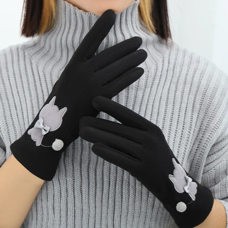 

Winter Outdoor Warm Gloves Thick Velvet Touch Screen Glove Ladies Full Finger Mittens Bow Cat Female Cycling Coldproof Gloves 장갑