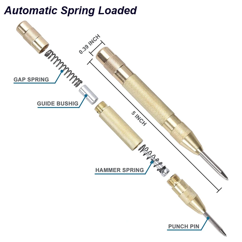 Automatic Center Punch 5 Inch Adjustable Spring-Loaded Tool Center Punch  Set Tension Punch Tool for Metal for Metal Wood Plastic Glass and Marble