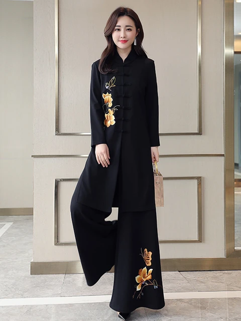 Chinese Style Two Piece Set Women Fashion National Embroidered Wide Leg  Pants Clothing Vintage 2022 Suit