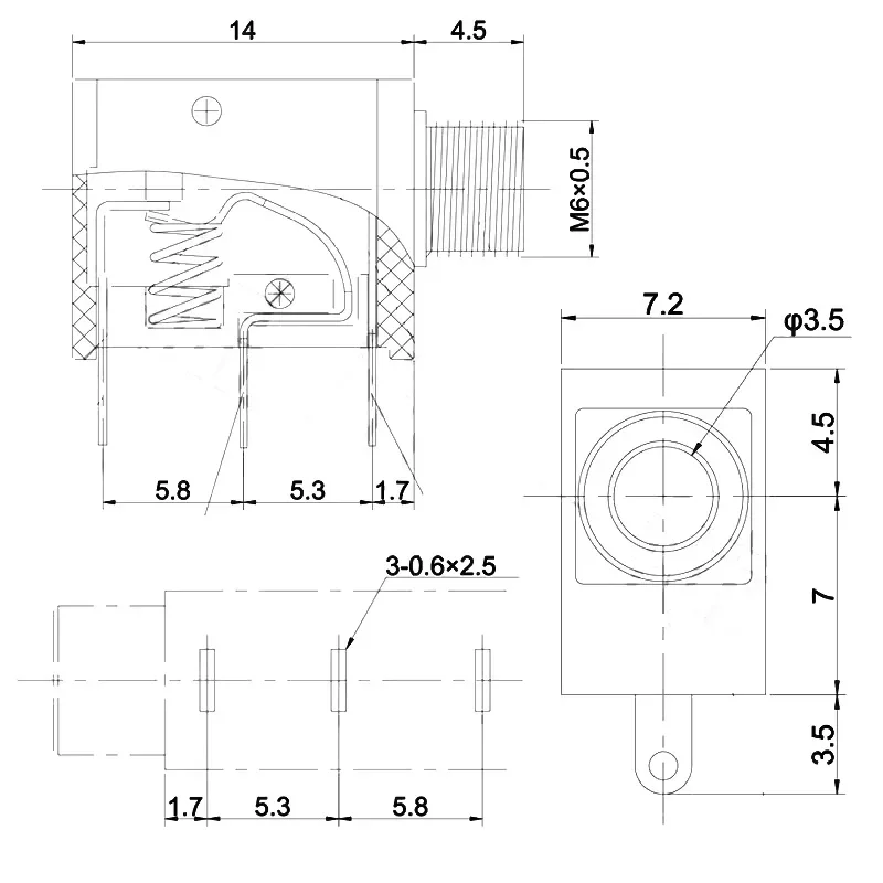 PJ-323M Headphone Connector 3.5 Power socket 3 pins with 3.5mm audio socket female base