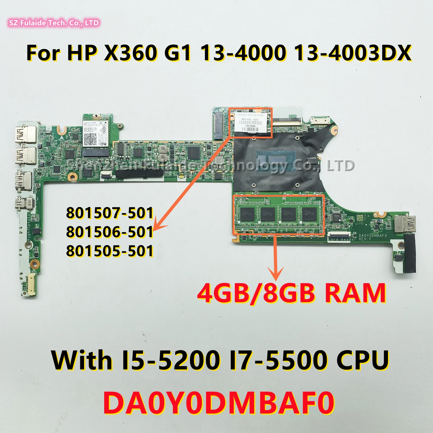 

Материнская плата DA0Y0DMBAF0 для ноутбука HP X360 G1 13-4000, 13-4003DX, Стандартная плата I7-5500, процессор 4 ГБ/8 ГБ ОЗУ, 801507-501, 801505-601, 801506-501