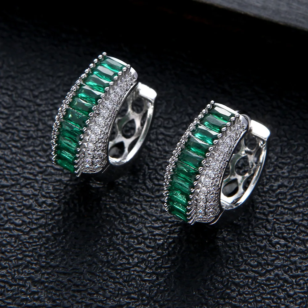 JUWANG Advanced European Style personality Green Rectangular Zircon Round Earrings Luxury Geometric Temperament Accessories