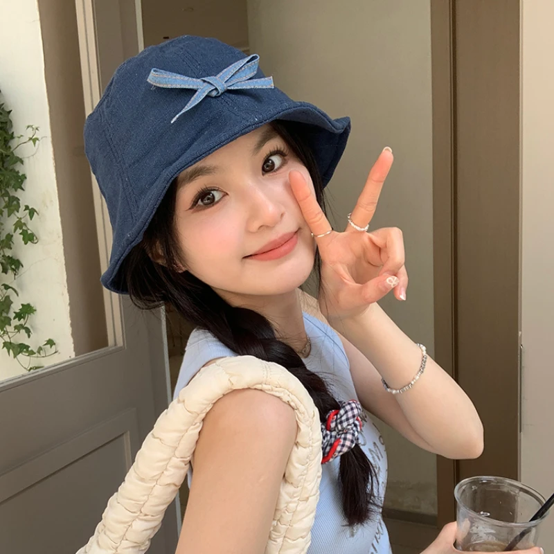 Ins 여성용 달콤한 활 디자인 대야 모자, 다용도 한국 버전, 레트로 데님 블루 자외선 차단 버킷 모자, 2024 여름 신상