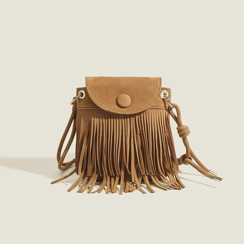 2024 New Retro Ethnic Style Fringe Bag Retro One-shoulder Oblique Bag Frosted Soft Leather Women's Bag