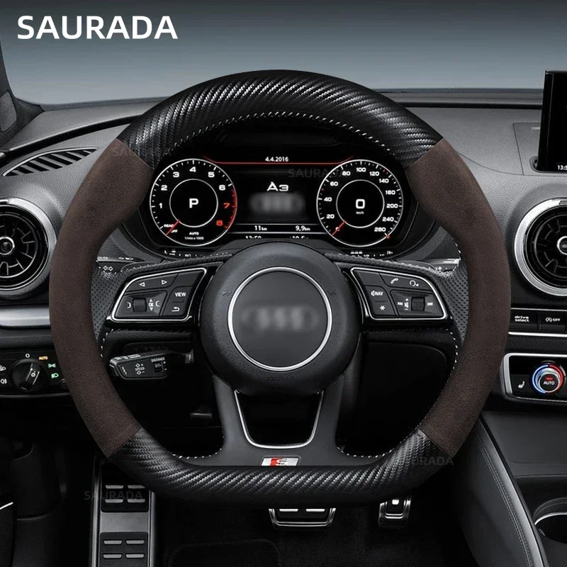 Premium Car Leather Steering Wheel Cover – 15-Inch, Non-Slip Design