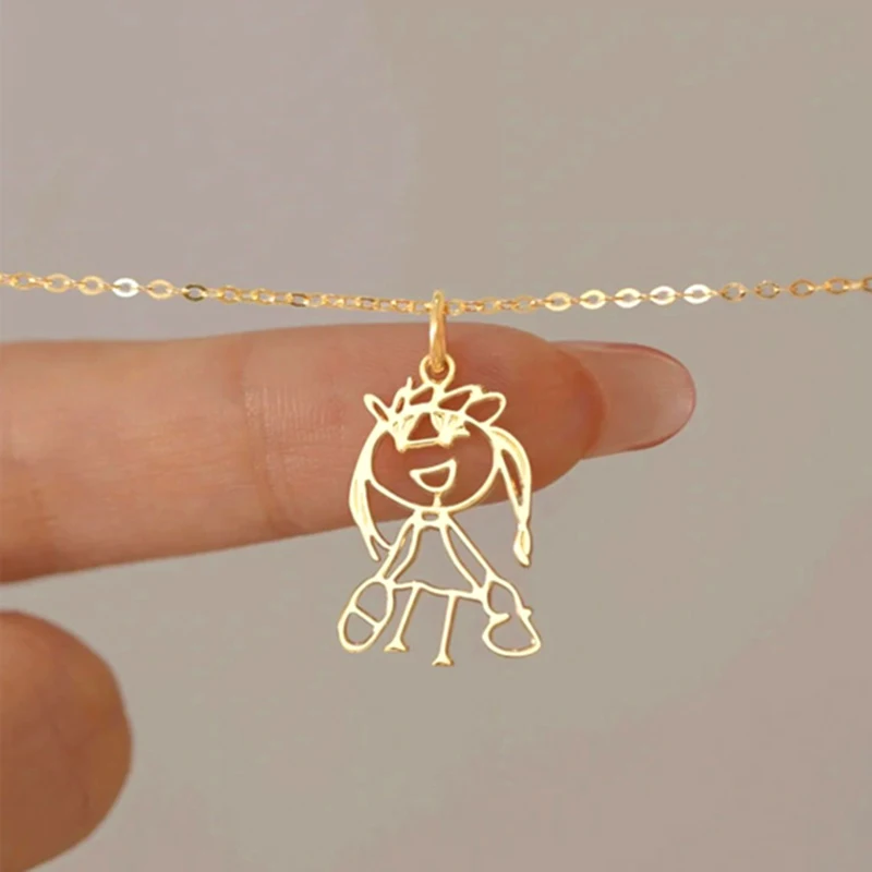 Treebud Custom Children\'s Drawing Necklace Stainless Steel for Women Men Stainless Steel Unique Logol Artwork Pendant Jewelry