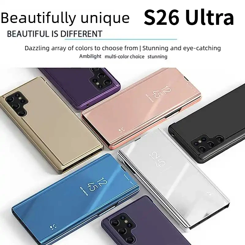 Sleek Plating Mirror Smart View Leather Flip Phone Case with Anti-Fall Protection