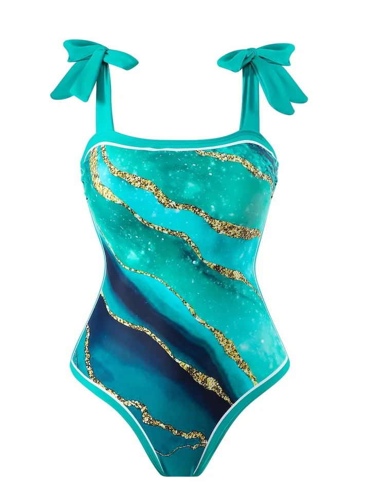 Teal Gold Marble Print One Piece Swimsuit Set
