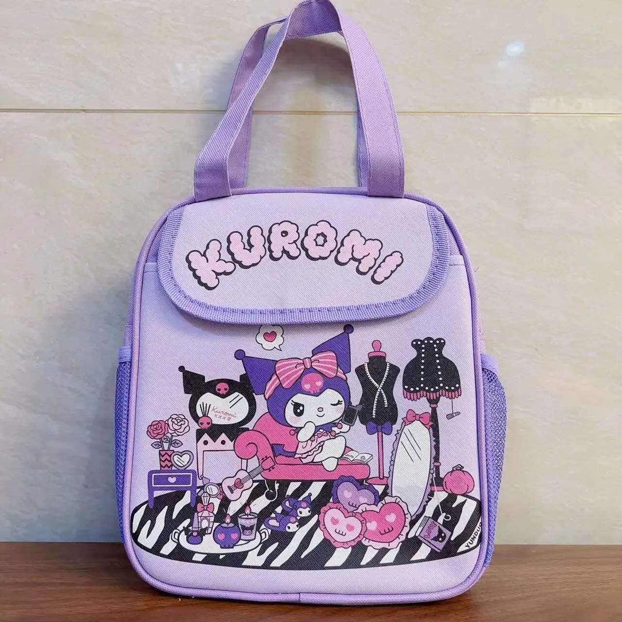 Sanrio Hello Kitty Cartoon Pattern Lunch Box Storage Bag, Kuromi PU Canvas Handbag, Girl Portable Large Capacity Travel Bag miniso cartoon canvas reusable tote bag kawaii kuromi sanrio portable storage handbags shoulder bag for women and girl shopping