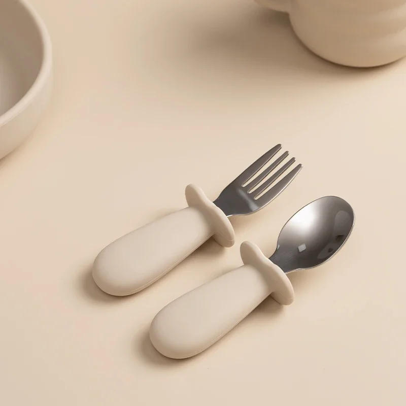 Solid Color Baby Gadget Tableware Set Children Utensil Stainless Steel Infant Food Feeding Spoon Fork Toddler Dinnerware Cutlery stainless steel cutlery set silicone cutlery set learning spoons fork spoon set baby cutlery