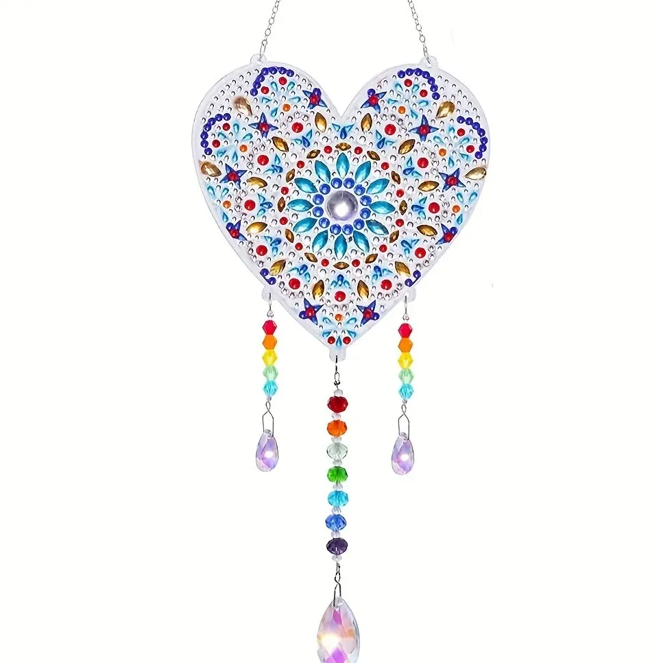 Acrylic Double-sided Crystal Diamond Painting with Sun, Moon, Heart & Tree Pattern - DIY Wind Chimes Kit
