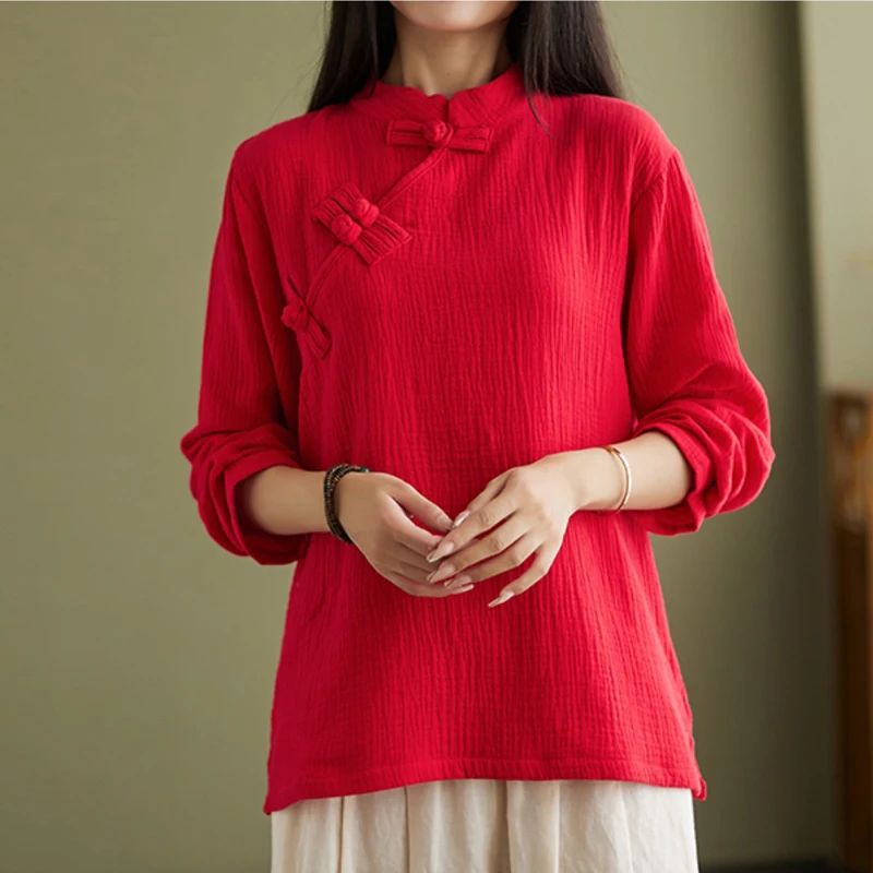 Retro Chinese Style Women stand collor Shirts Traditional vintage cotton linen blouse Hanfu Tops casual soft Buttons shirts
