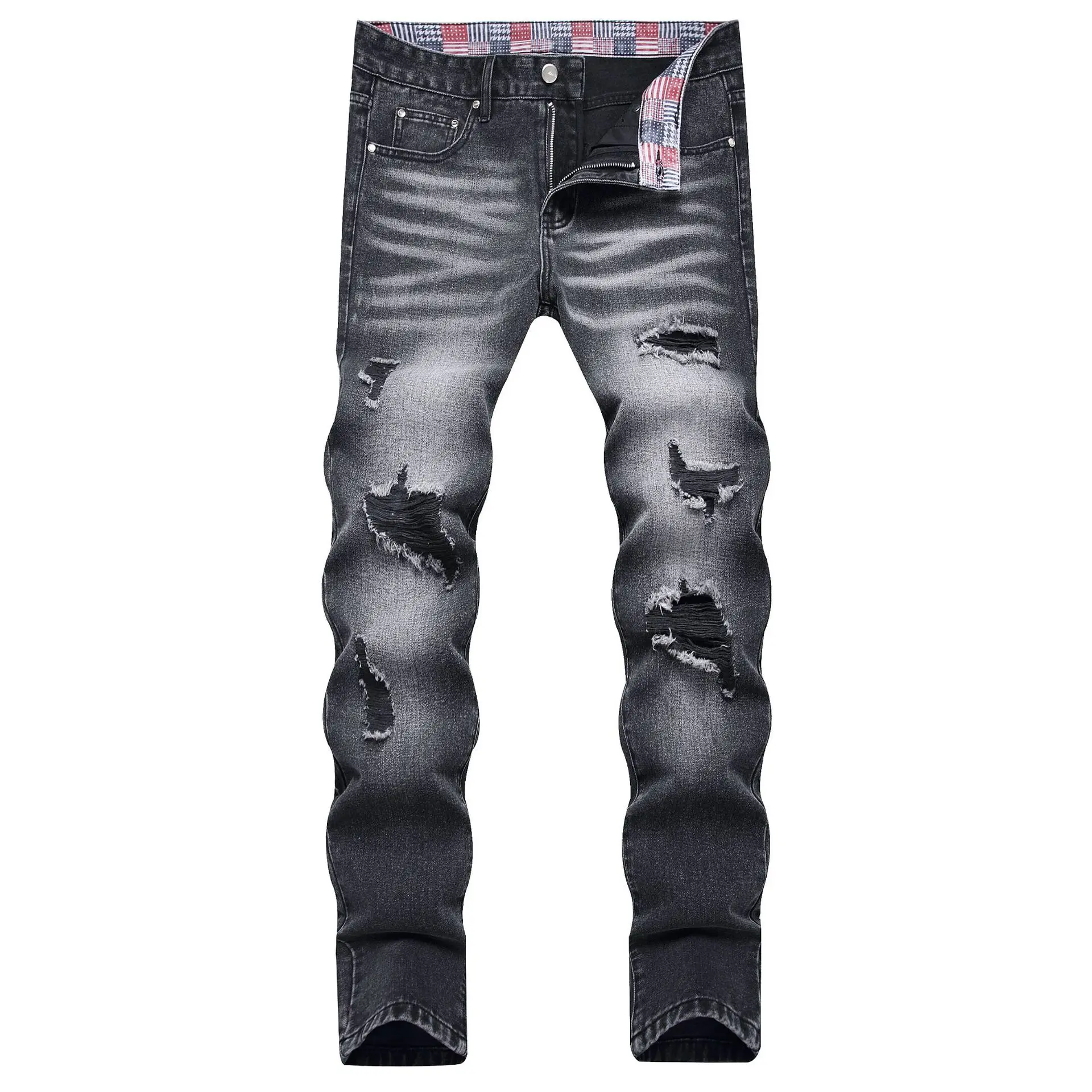 

Plus Size 5XL Non-stretchy Black Jeans For Male Slim Fit Big Distressed Washed Denim Pants Men