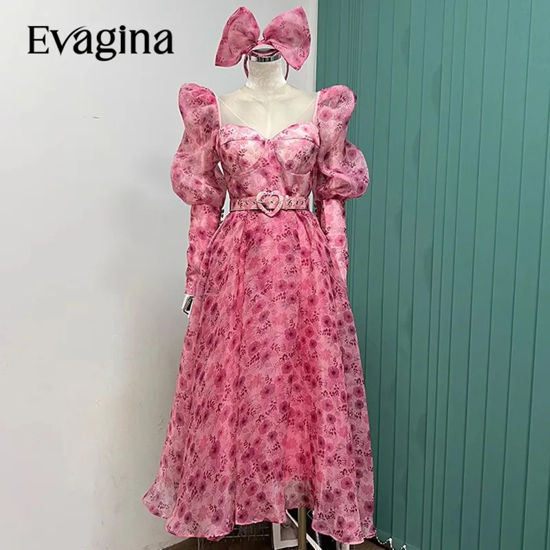 Evagina New Fashion Runway Designer Women'S Square Neck Slim Fit Chiffon Bubble Sleeves Printing Belt + Hair Hoop Dress
