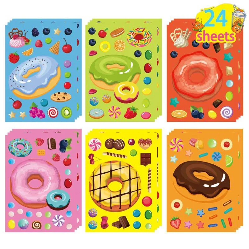 

24 Sheets/Set Creative Kids DIY Make Your Own Doughnuts Sweets Sticker Handmade Craft Decal Birthday Party Gifts