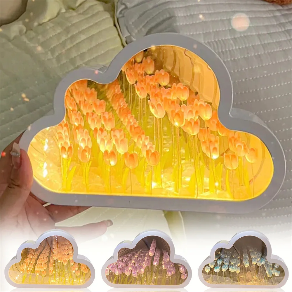 DIY 구름 튤립 LED 야간 조명 여아 침실 장식 창의적인 사진 액자 거울 테이블 램프 침대 옆 수제 생일 선물