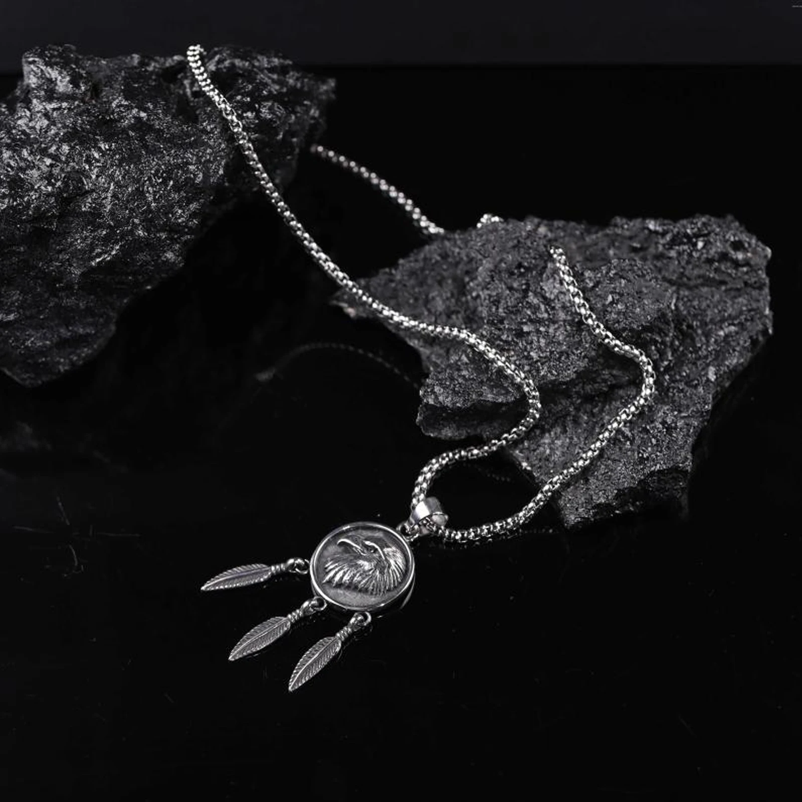 Men's Vintage Eagle Head Feather Titanium Steel Pendant Necklace Punk Hip Hop Party Jewelry