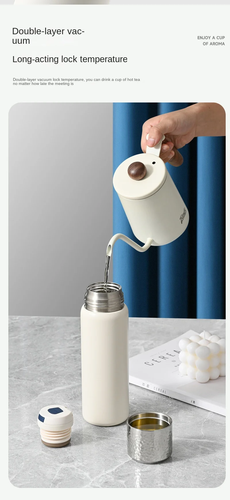 Vakuumisolierte Thermoskanne aus Edelstahl mit Tee-Ei, Thermoflasche mit Teetassendeckel, heißes und kaltes Getränk, für die Reisearbeiten – Detail 9