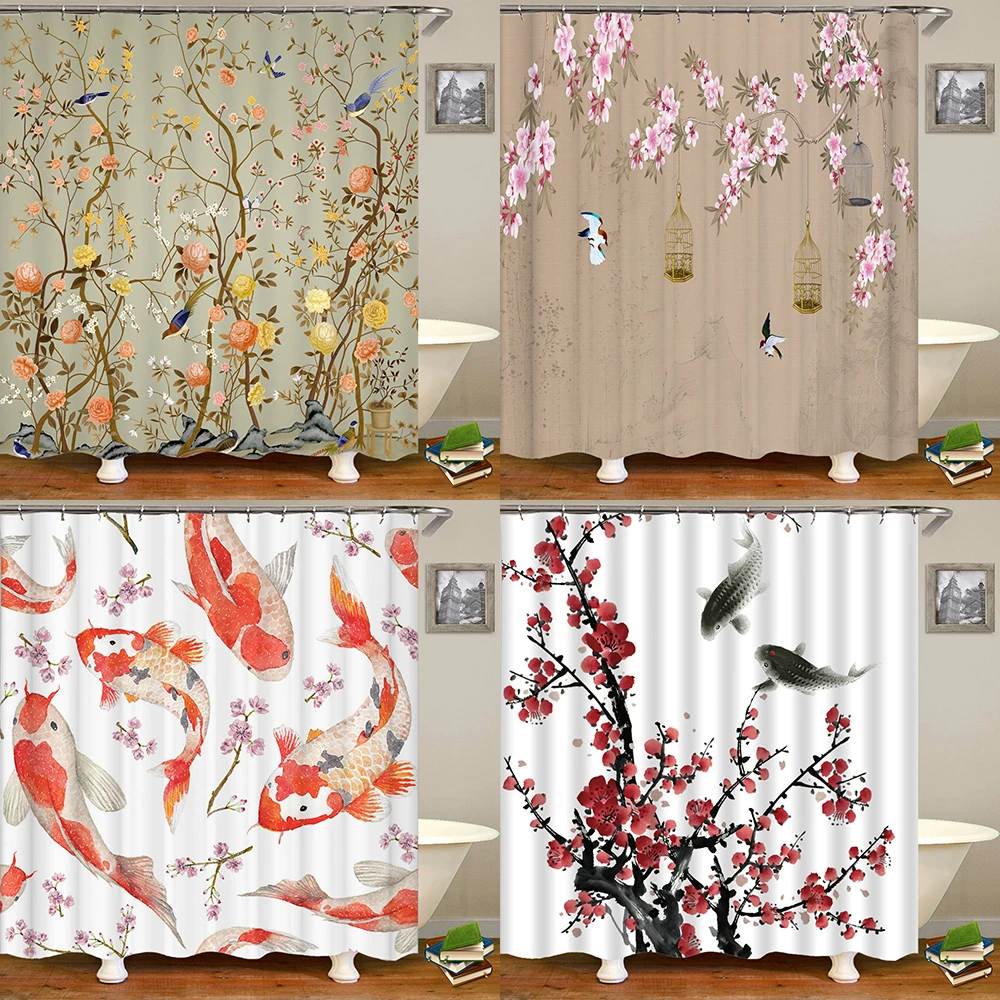 Chinese Style Flower Bird Shower Curtains Waterproof Bathroom Curtain 3d Printed Fabric With Hooks Decoration Shower Curtain shower curtains