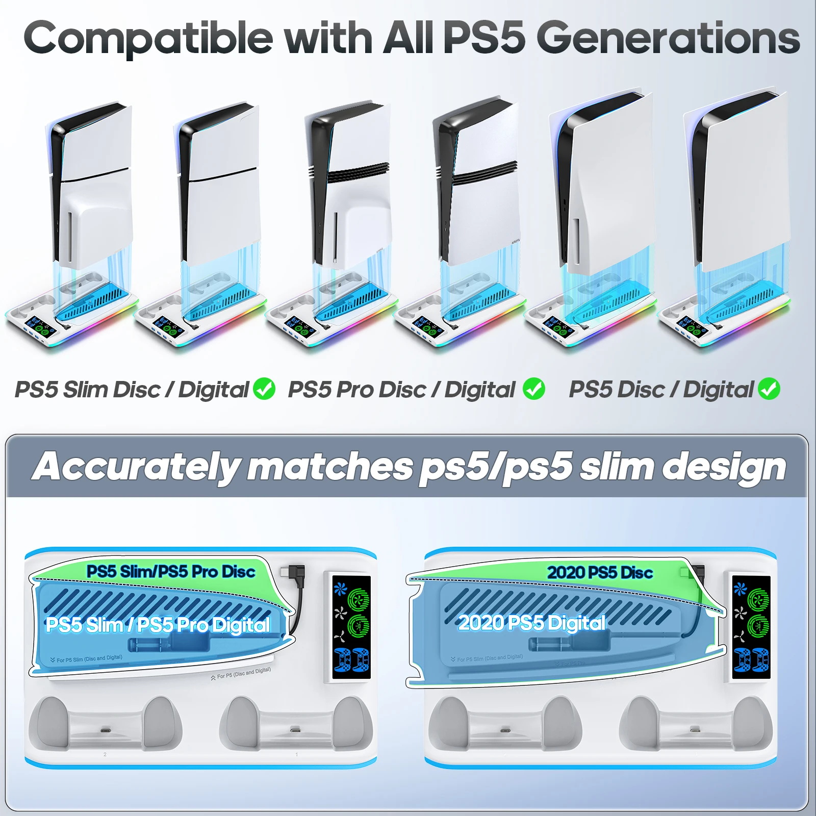 NEW HA-8008 for PS5Slim host Multi functional Cooling Base for PS5 Slim Controller Dual Charging Stand bracket Storage RGB light view 5
