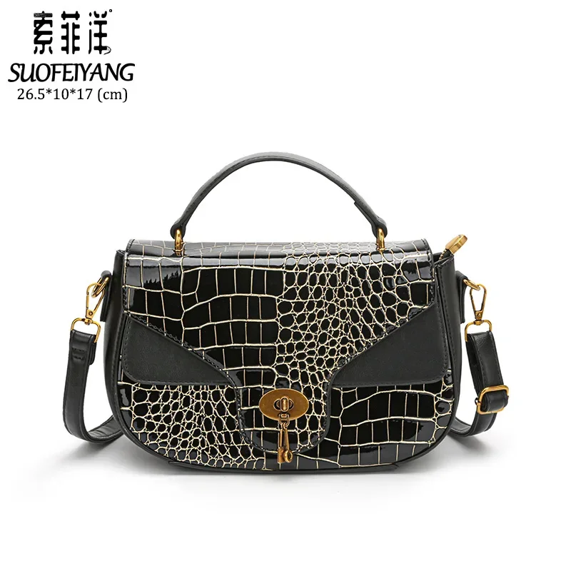 Women's Versatile Contrast Color Handbag Stone Pattern Shoulder Messenger 2024 New Saddle Bag