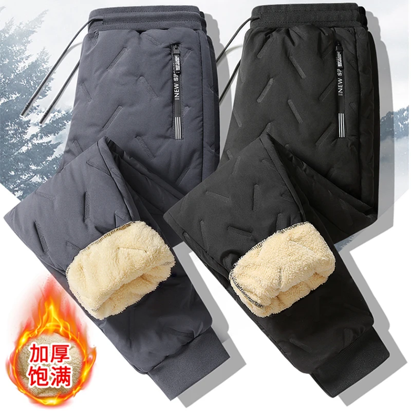 

Winter Zip Pockets Thicken Fleece Sweatpants Men Joggers Black Grey Down Cotton Warm Pants Male Water Proof Thermal Trousers 7XL