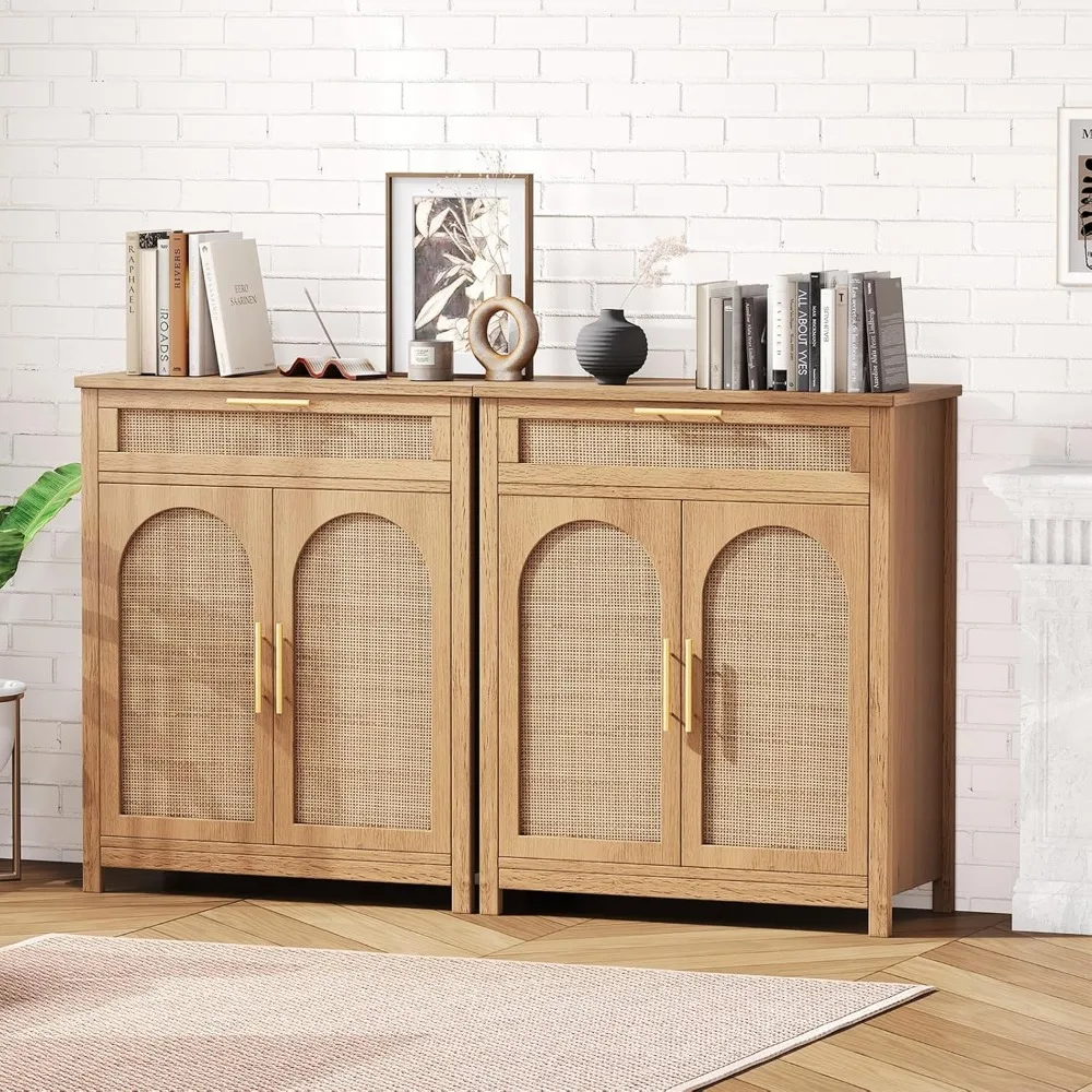 Set of 2 Rattan Accent Storage Cabinet, Floor Cabinet 4 Doors, Bathroom Storage Cabinet Large Drawer, Sideboard Buffet