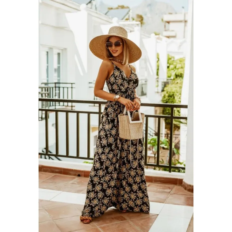 

2023 Y2K INS Strap Sleeveless V Neck Backless High Waist Print Vacation Long Dress Elegant Corset Bohemian Dress for Women
