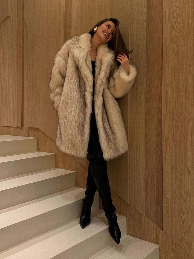 2025 Winter Fashion Burgundy Lapel Fluffy Fur Coat Women Casual Long Sleeve Faux Fur Plush Jackets Female Commute Streetwear New 3