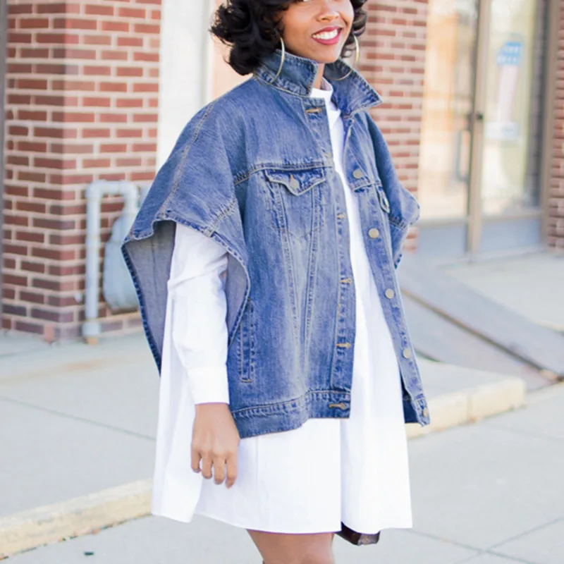 

Fashion Denim Jacket Women Batwing Sleeve Button Pockets Loose Jeans Short Coat Jacket Women Streetwear Autumn Bomber Jacket