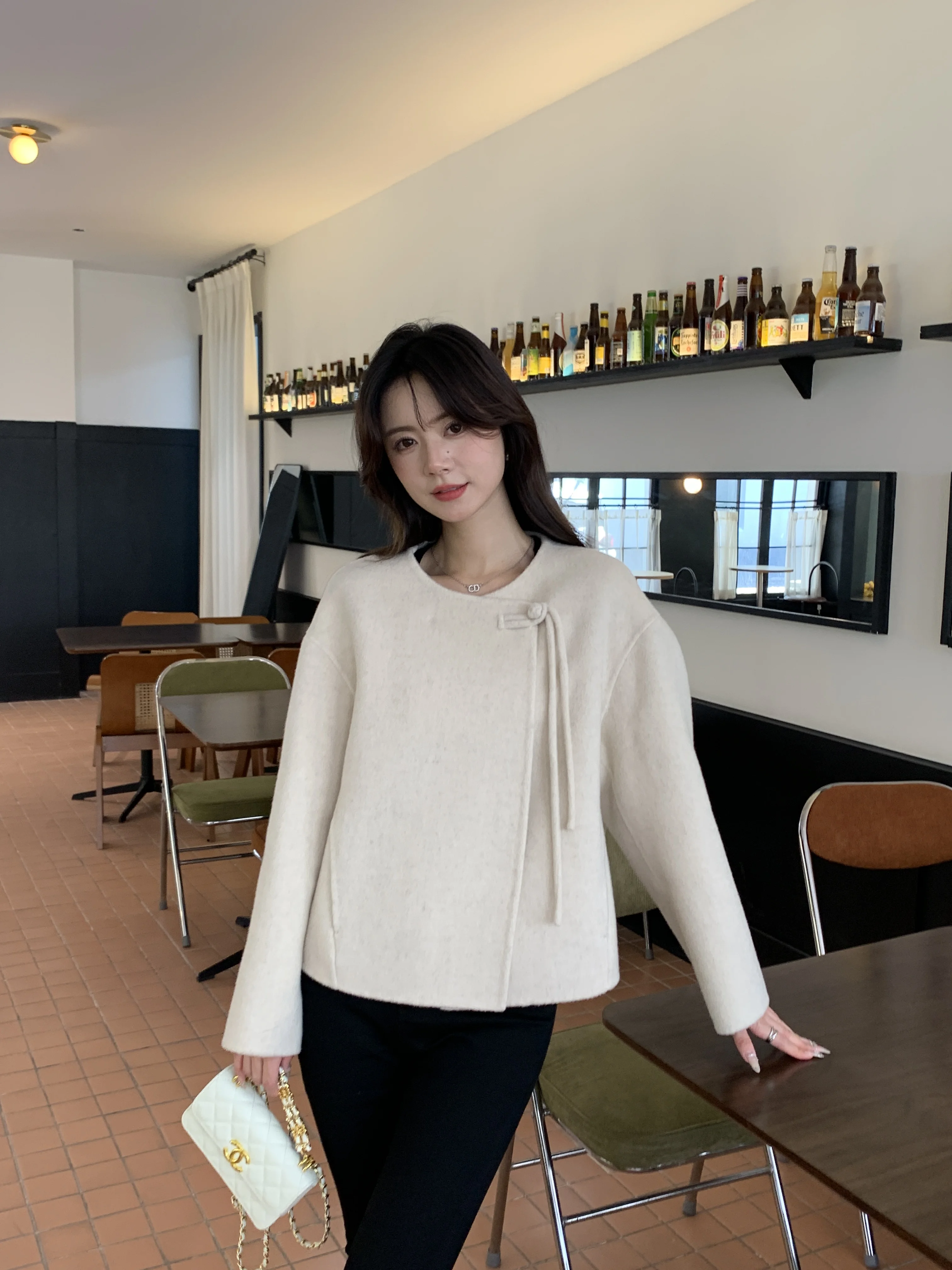 Autumn and winter new 100% wool Chinese style simple and fashionable high-end atmospheric double-sided woolen coat short style