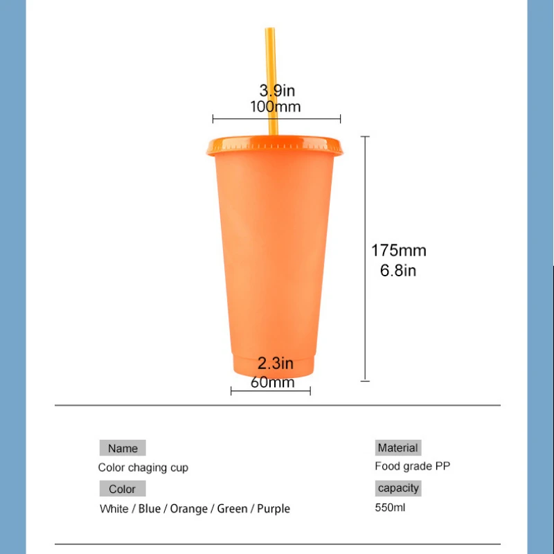 Color-changing straw cup pp water bottles Food Grade Plastic Cup with Lid Capacity Cold Drinking Cup Fashion Travel Beverage Mug