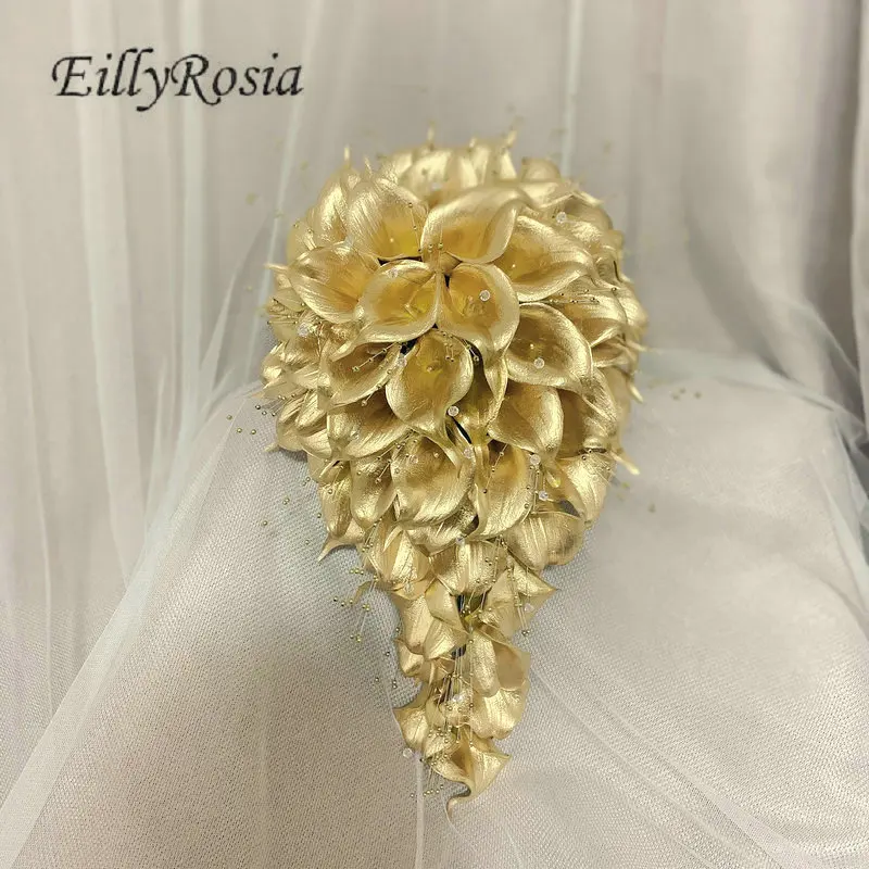 Africa Style Gold Wedding Bouquet Waterfall Calla Lilies Rhinestones Pearls Original Design Bridal Holding Flowers Luxury