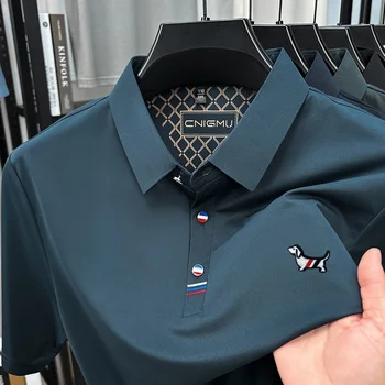Polo da uomo a maniche corte di qualità calda con bottoni risvolto ricamo cane primavera casual eleganza t-shirt semplice abbigliamento da uomo d'affari