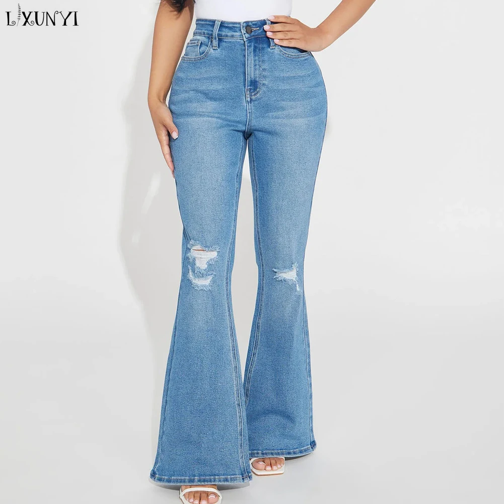 

Blue Flare Jeans for Women High Waist Stretch Holes Water Washed Casual Solid Fulll Length.denim Pants and Trousers