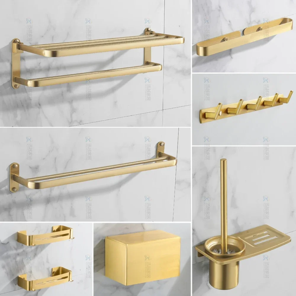 Brushed Gold Towel Bars Rack Double Rod Holder Aluminum Shower Wall Organizer Hanger Storage Shelf Bathroom Hardware Accessories
