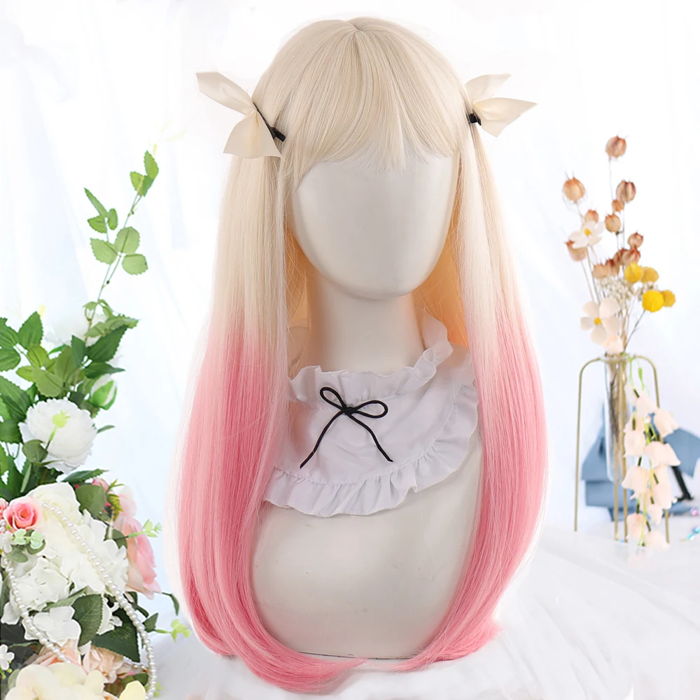 Long Straight Platinum Blonde Gradient Pink Wigs with Bangs Cosplay Party Lolita Synthetic Wigs for Women Heat Resistant Fiber