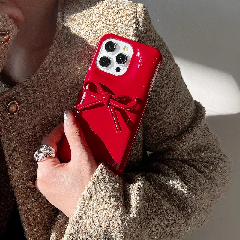 Korean Cute Bow Kawaii Glossy Leather Phone Case Cover